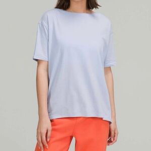 LULULEMON Blue Linen Back In Action Short Sleeve Cotton Relaxed T-Shirt Top 12